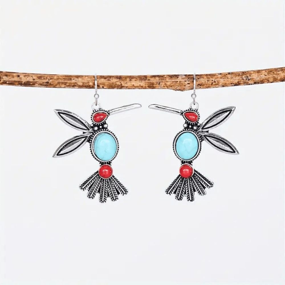 Hummingbird Red Blue Turquoise Dangle Earrings